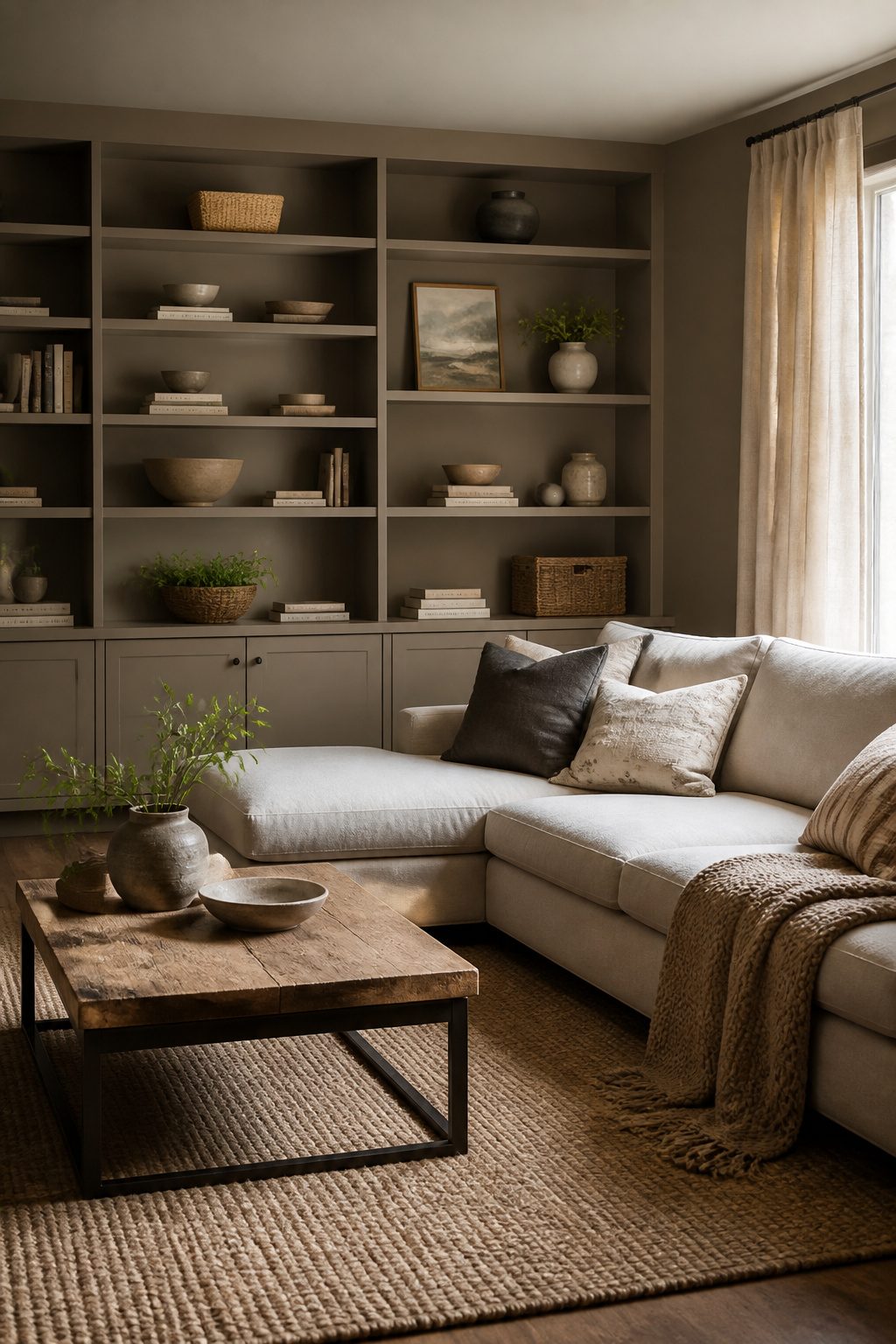 A living room featuring medium brown-gray walls and inviting decor.