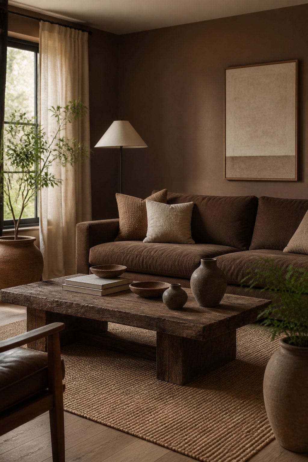 A living room featuring Stone Brown walls and earthy furnishings.