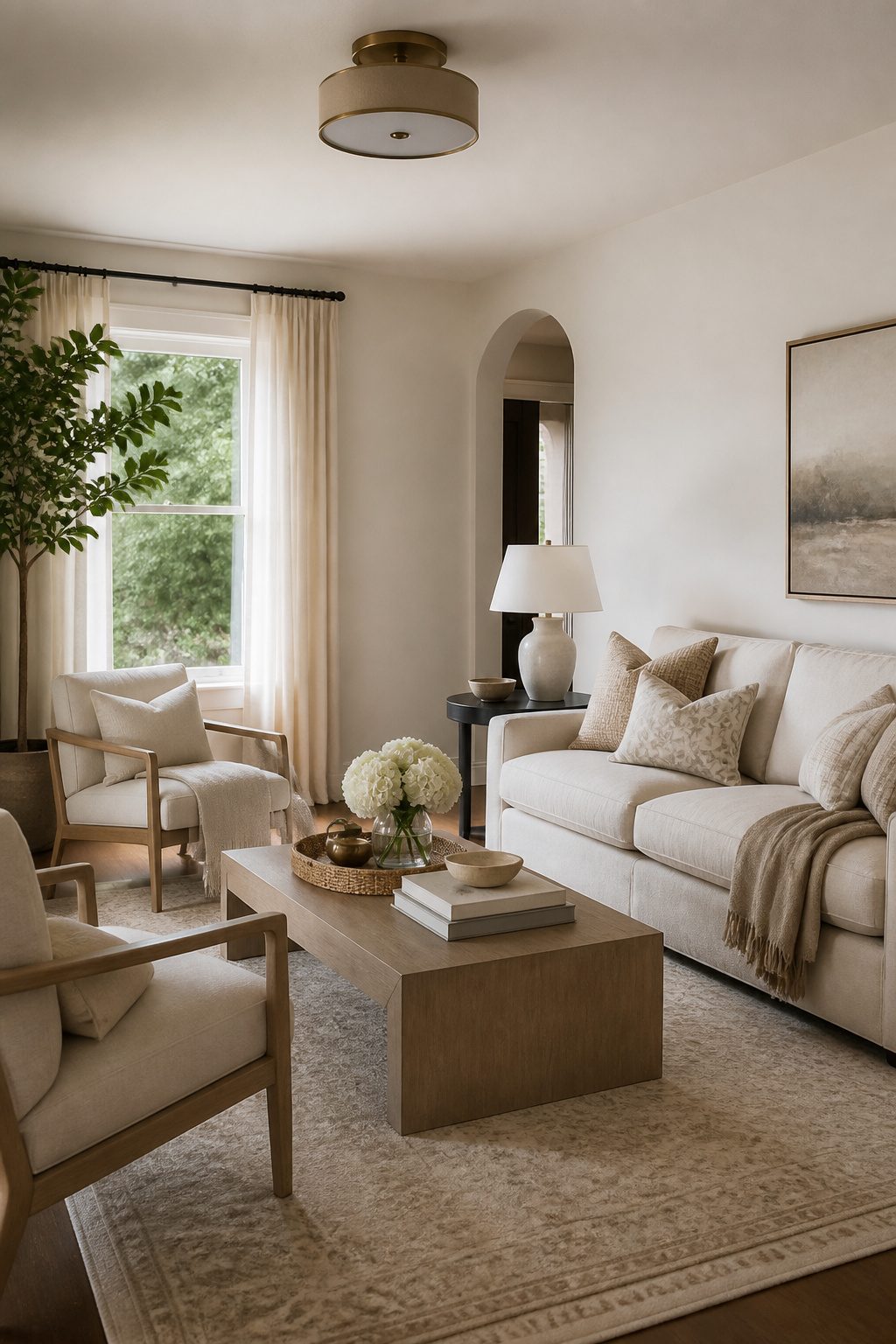 A living room showcasing White Winged Dove walls and minimal decor.