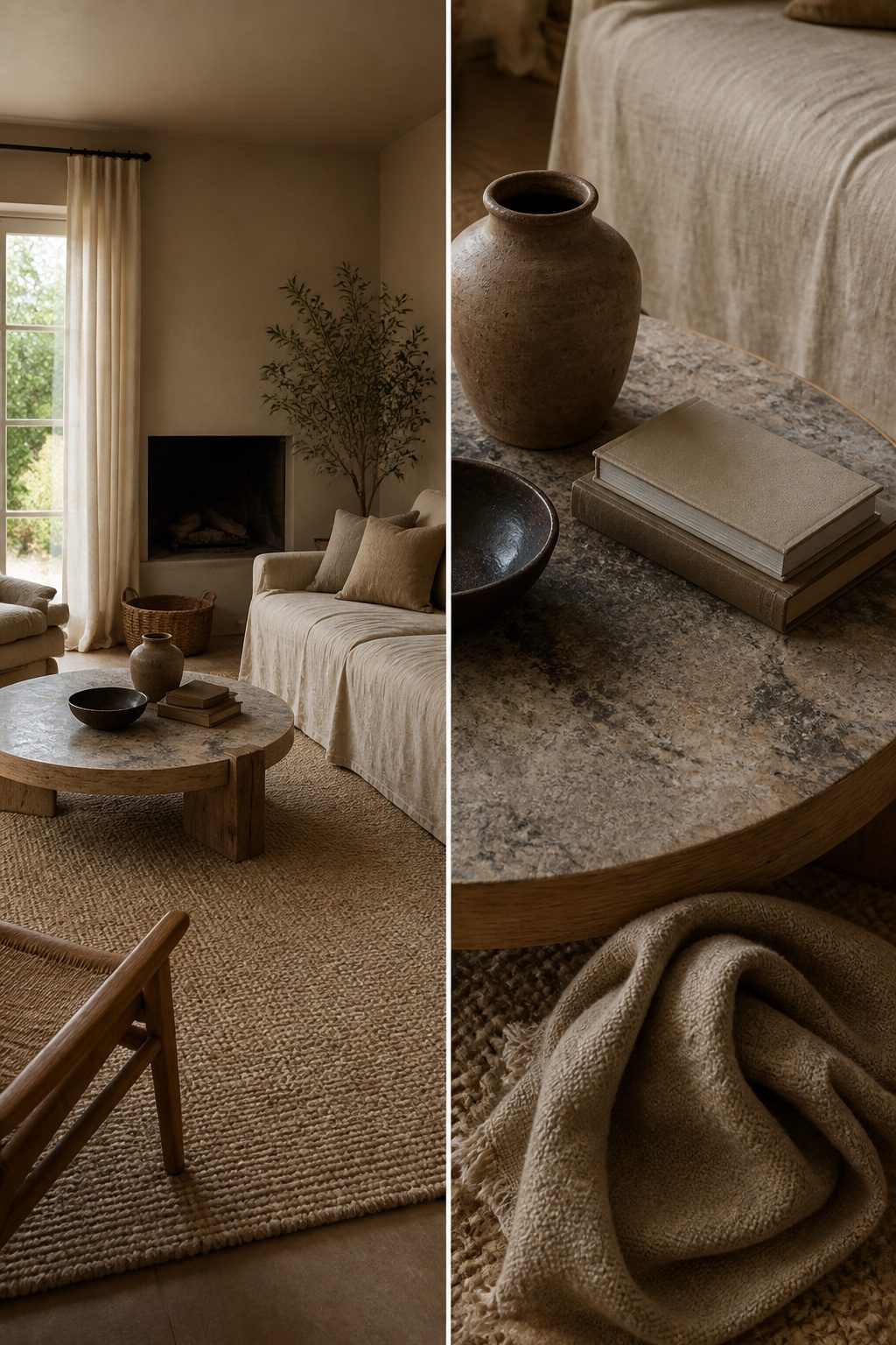 A neutral living room showcasing a variety of textures for visual interest.
