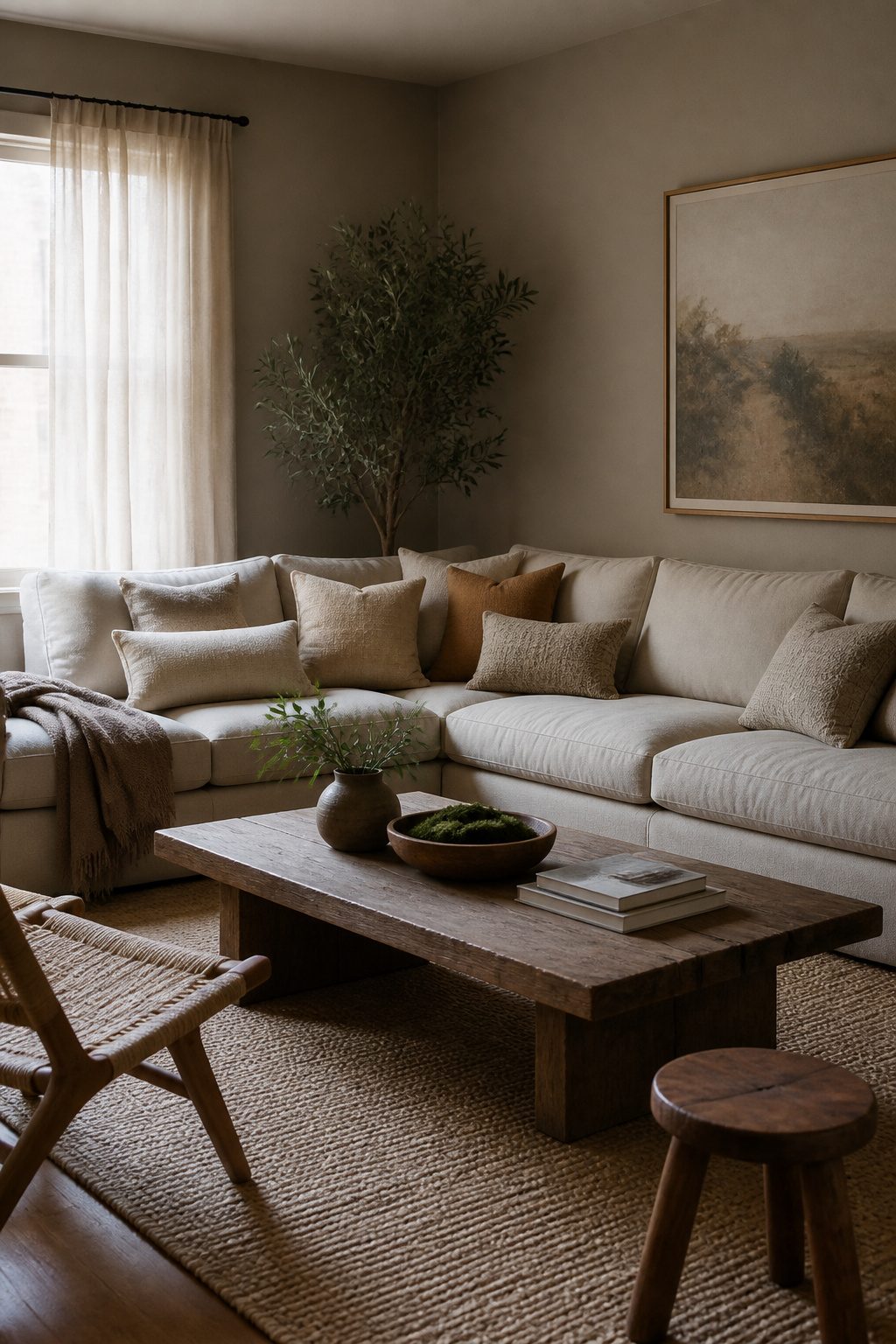 A living room showcasing Wood Ash walls and warm wood tones.