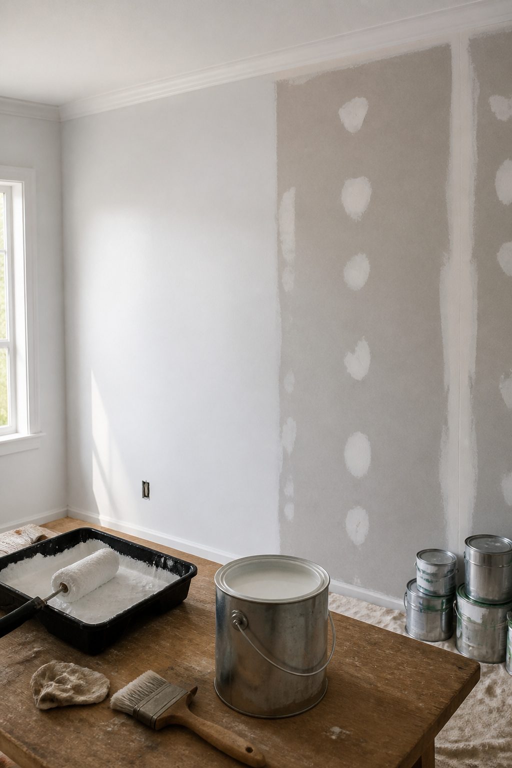 Painting a House White: Preparation, Paint Choice, and Application Steps 4 A wall with one side primed and the other side unpainted.