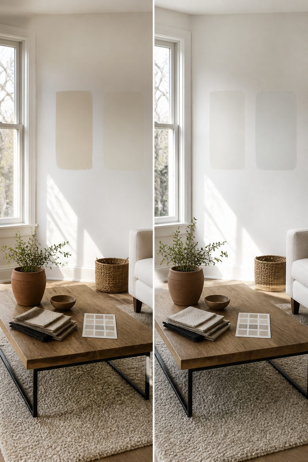Painting a House White: Preparation, Paint Choice, and Application Steps 1 Various paint swatches in shades of white.