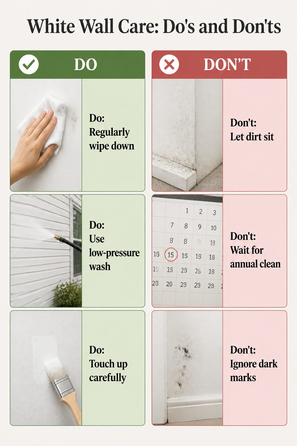 Painting a House White: Preparation, Paint Choice, and Application Steps 10 A chart displaying do's and don'ts for cleaning white walls.