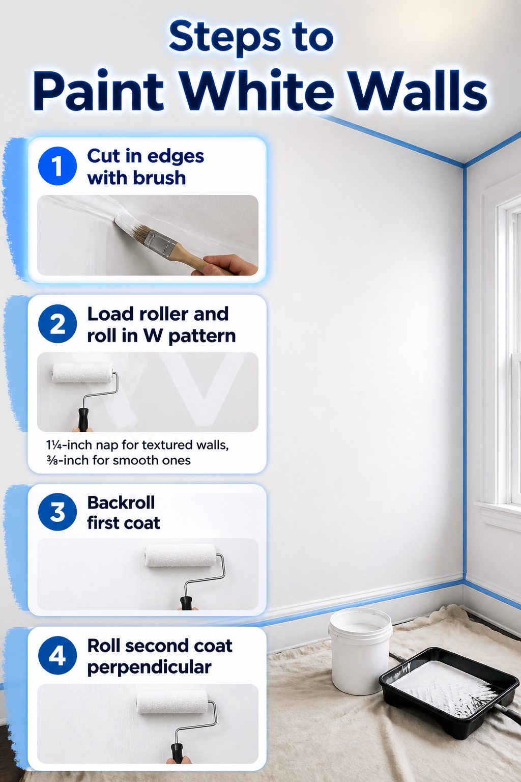 Painting a House White: Preparation, Paint Choice, and Application Steps 5 A graphic showing the process of painting white walls.