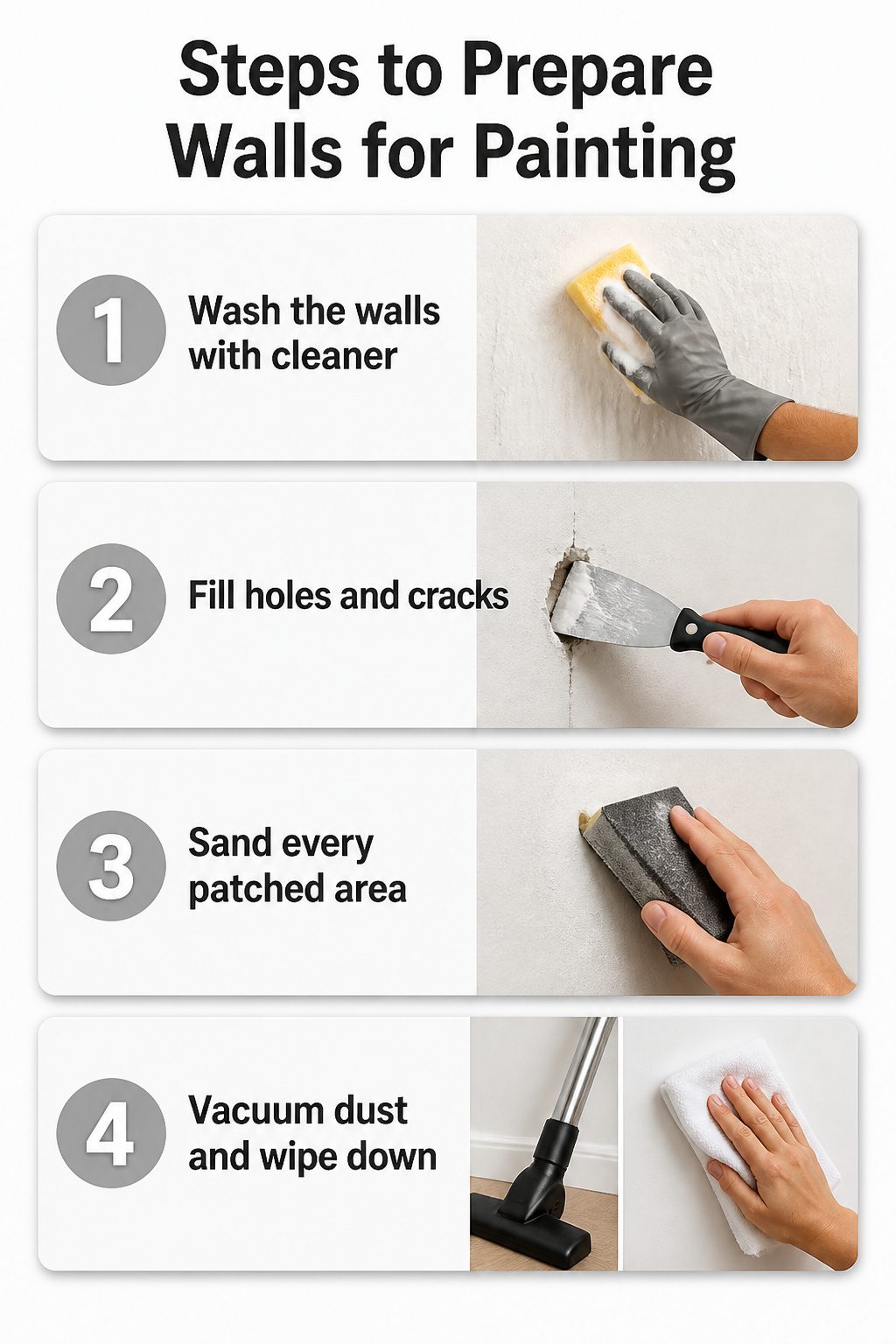 Painting a House White: Preparation, Paint Choice, and Application Steps 2 A visual guide showing steps for preparing walls before painting.