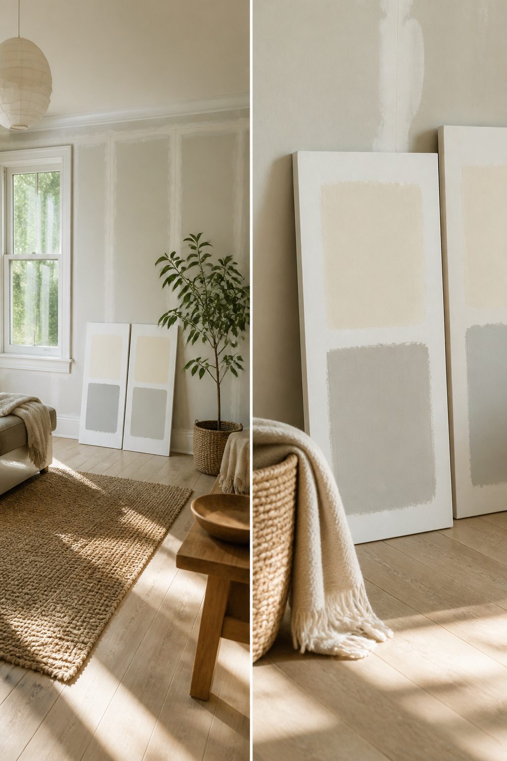 Painting a House White: Preparation, Paint Choice, and Application Steps 9 Samples of paint chips displayed under store lighting.