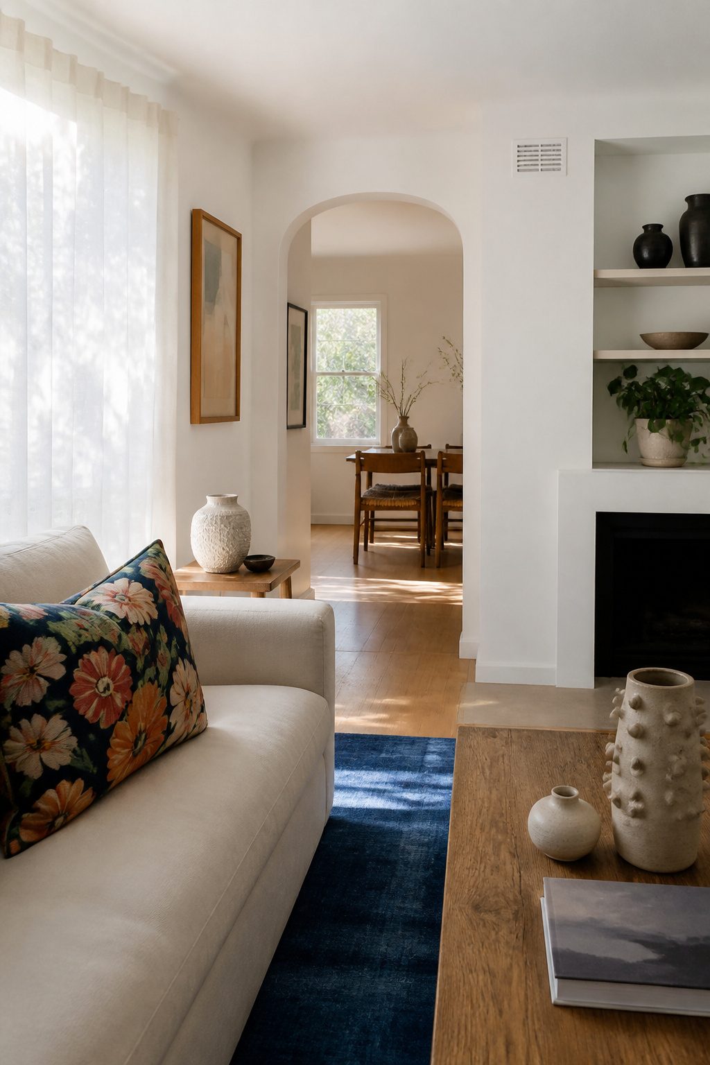 Painting a House White: Preparation, Paint Choice, and Application Steps 12 A living room with white walls, colorful cushions, and a blue rug.