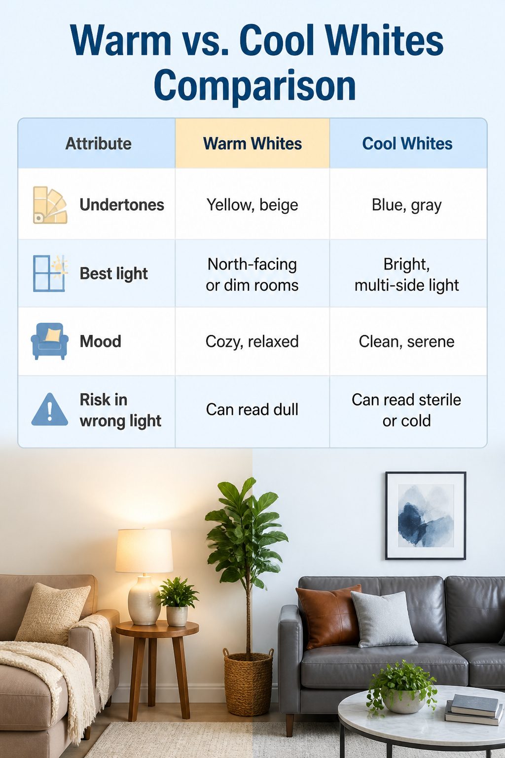 Painting a House White: Preparation, Paint Choice, and Application Steps 7 A chart comparing warm and cool white paint options.