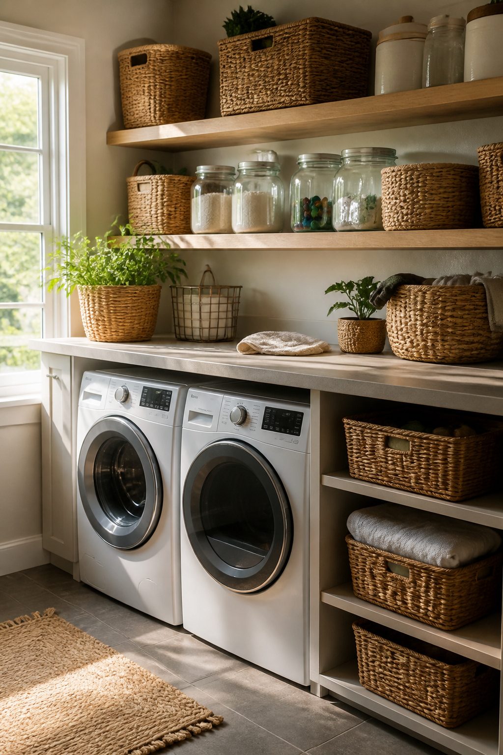 Laundry room with open shelving displaying baskets and jars for storage.