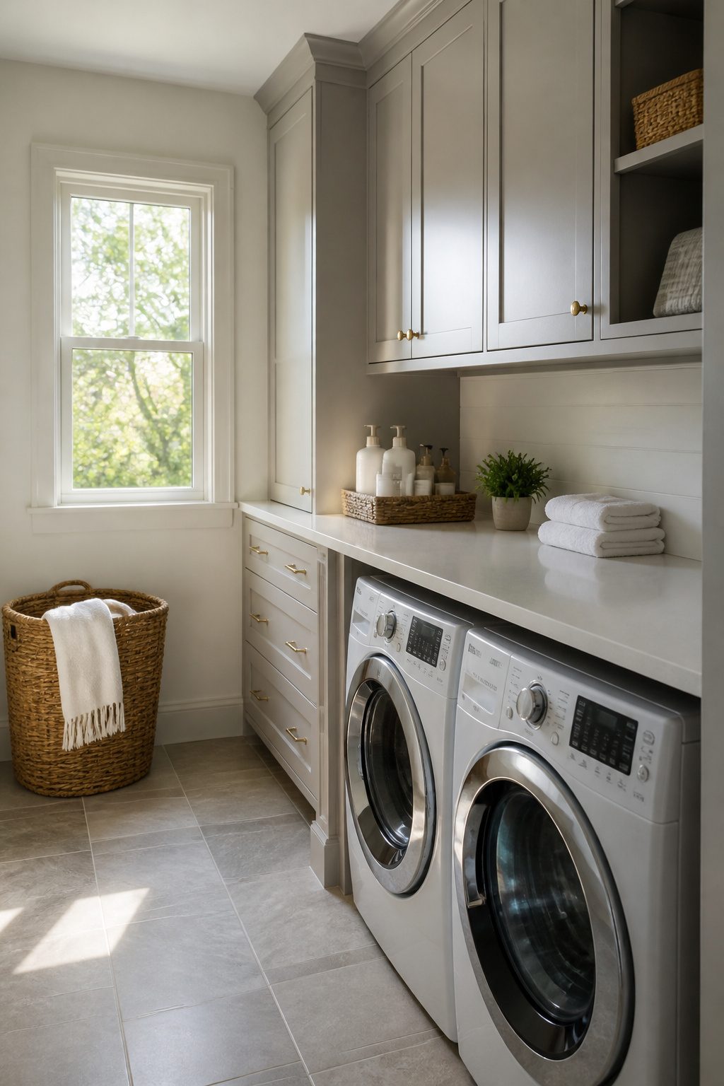 Laundry room with custom cabinetry designed around appliances.