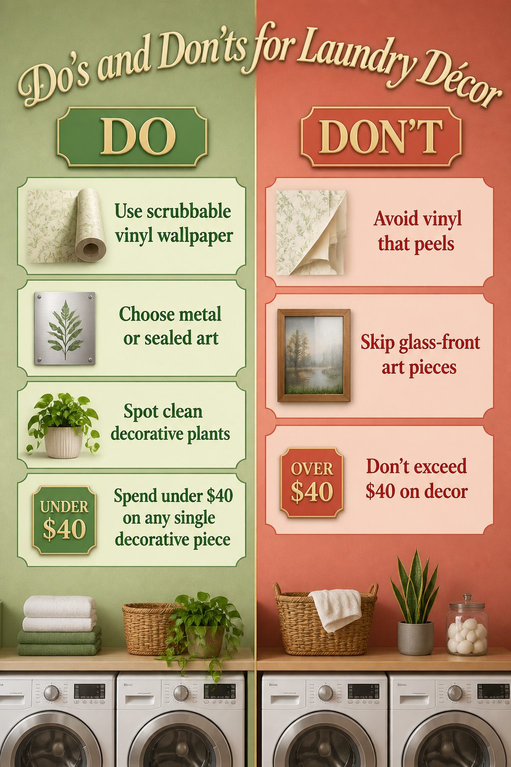 Tips for selecting durable decorative items in a laundry room.