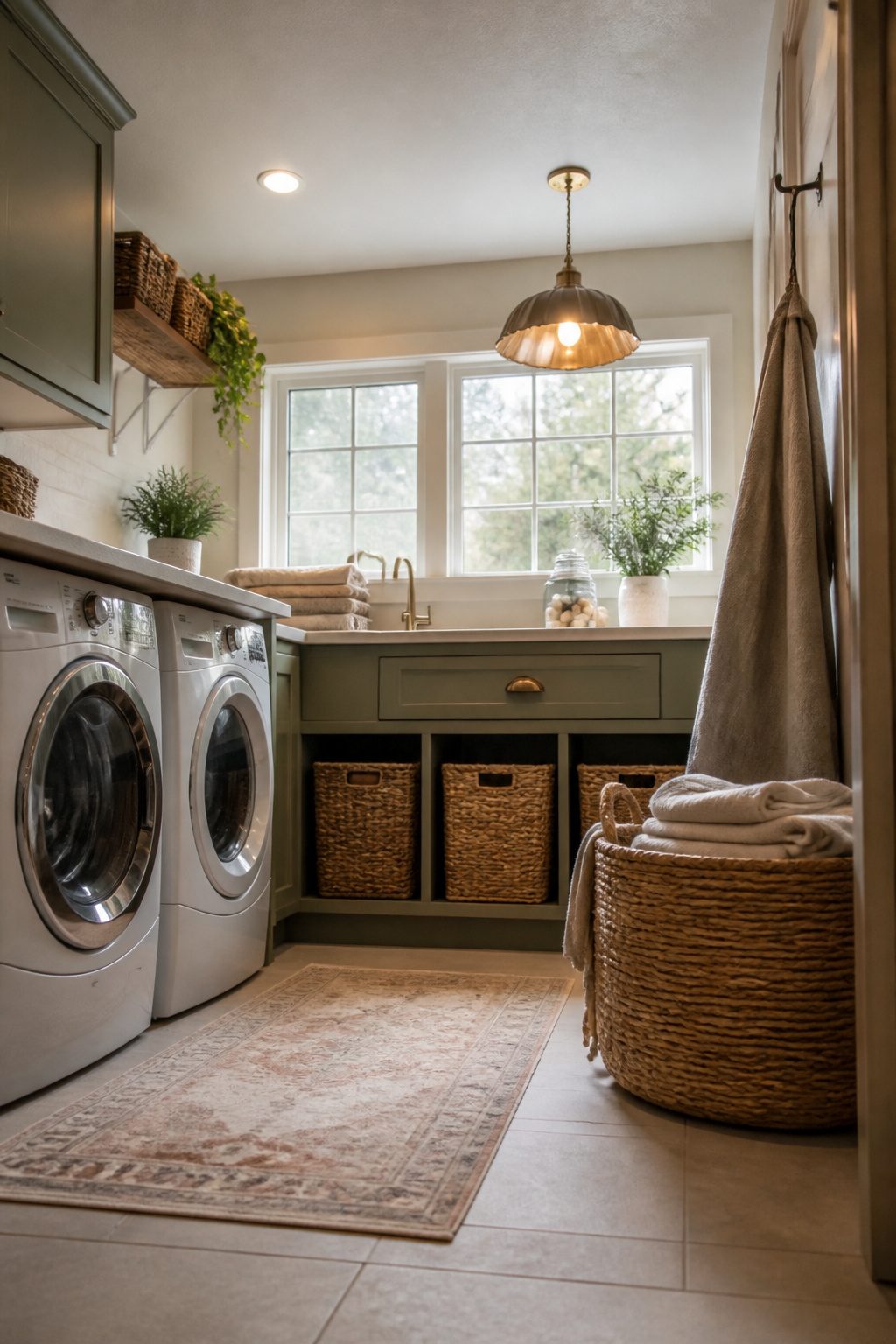 Laundry room with a stylish pendant light fixture.