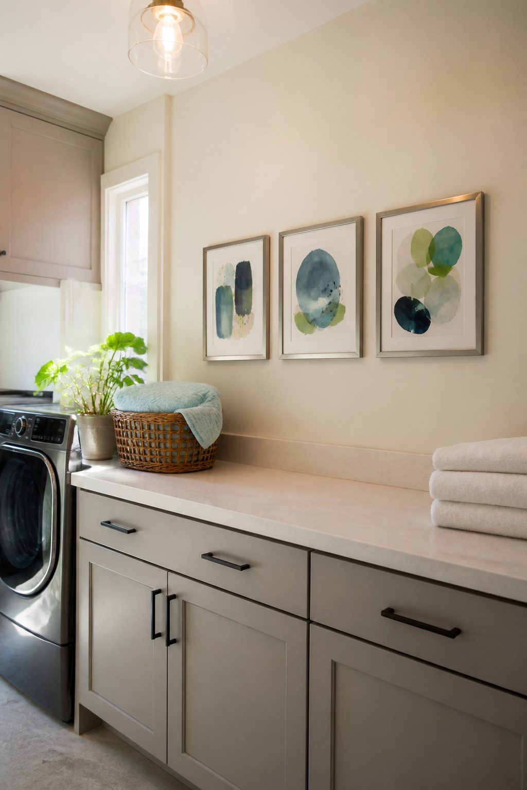 Three small framed prints arranged above a laundry room countertop.
