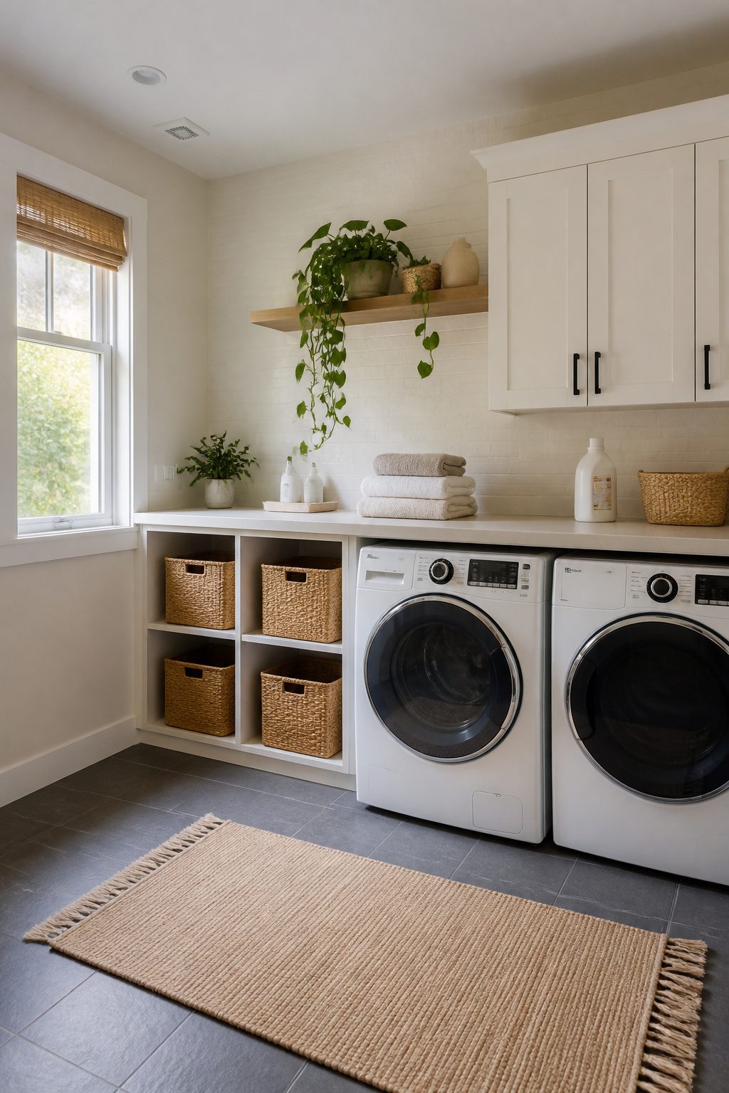 Laundry room with a potted trailing vine on a shelf.