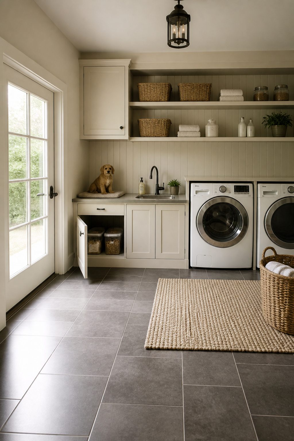 Laundry room featuring a dog wash area and litter box hideaway.