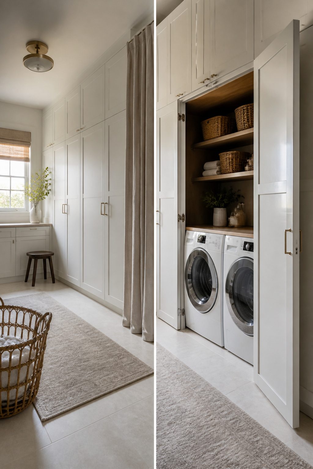 Laundry appliances hidden behind cabinetry for a cohesive design.