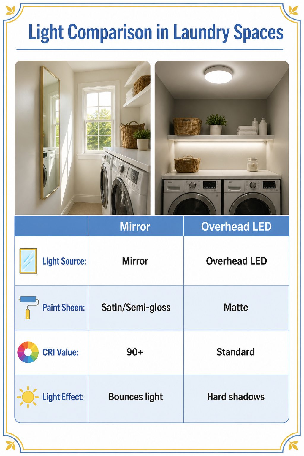 Mirror placed in a laundry room to reflect light.