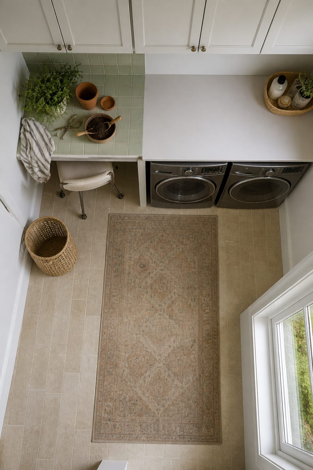 Laundry room with distinct zones for different activities.