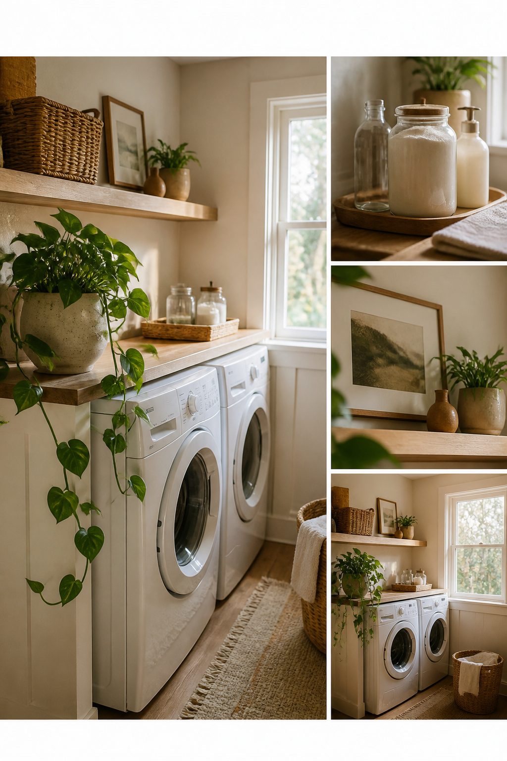 Ceramic vase with a trailing plant on a laundry room surface.