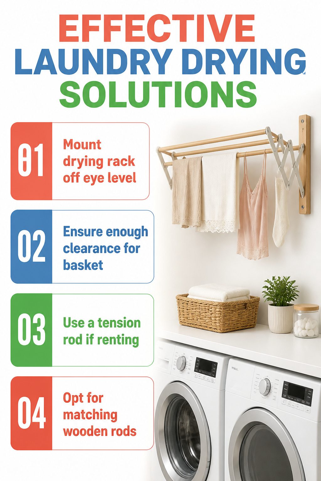 Wall-mounted foldable drying rack in a laundry room.