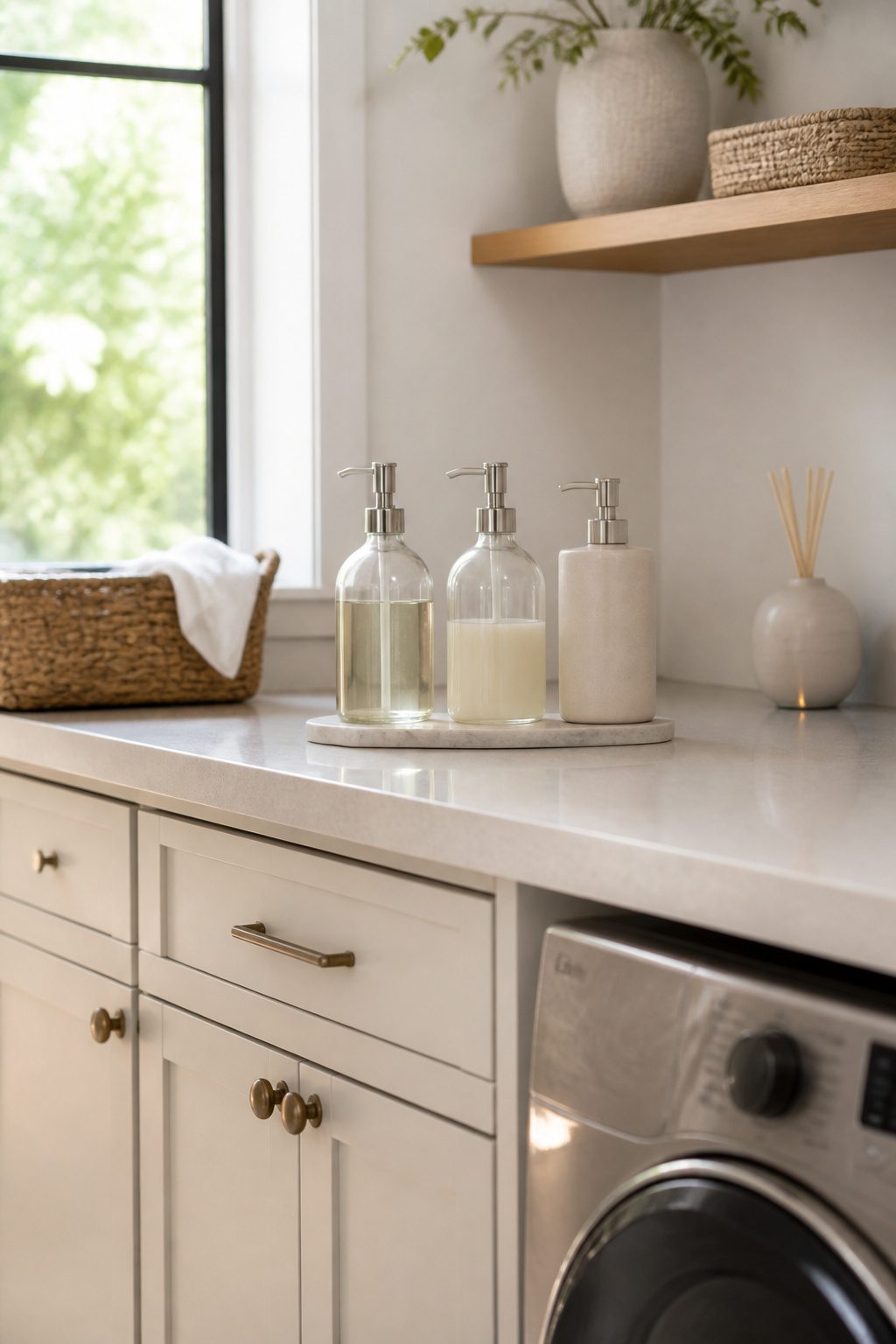 Countertop with glass and ceramic containers holding laundry detergent and softener.