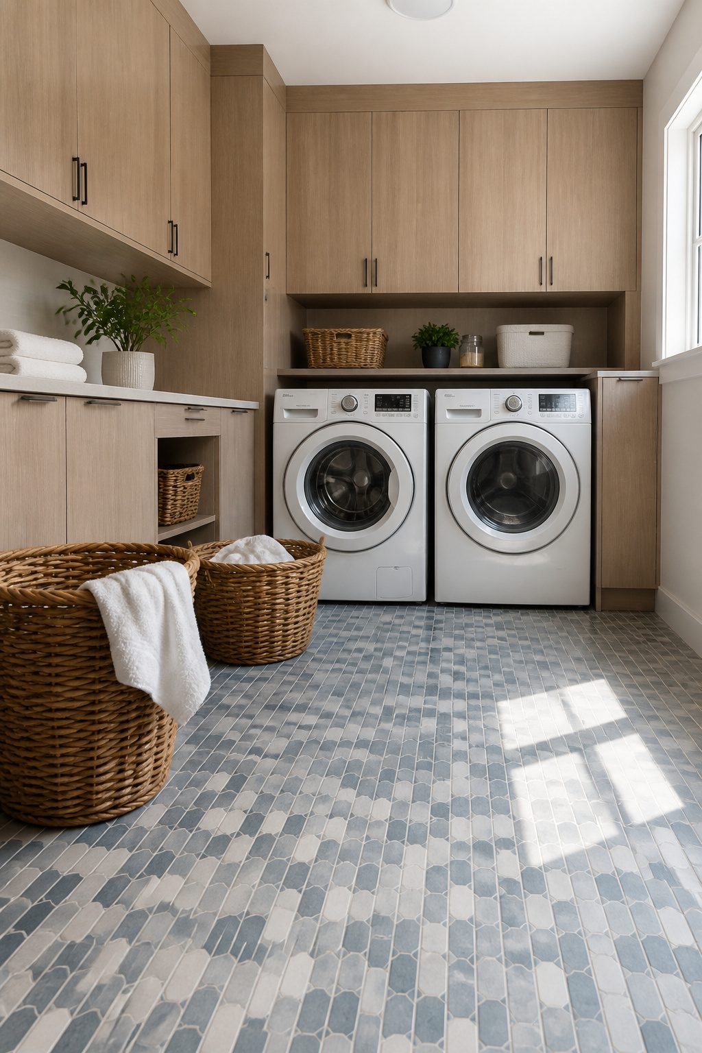 Laundry room floor featuring Alato Beachwalk porcelain mosaic tiles.