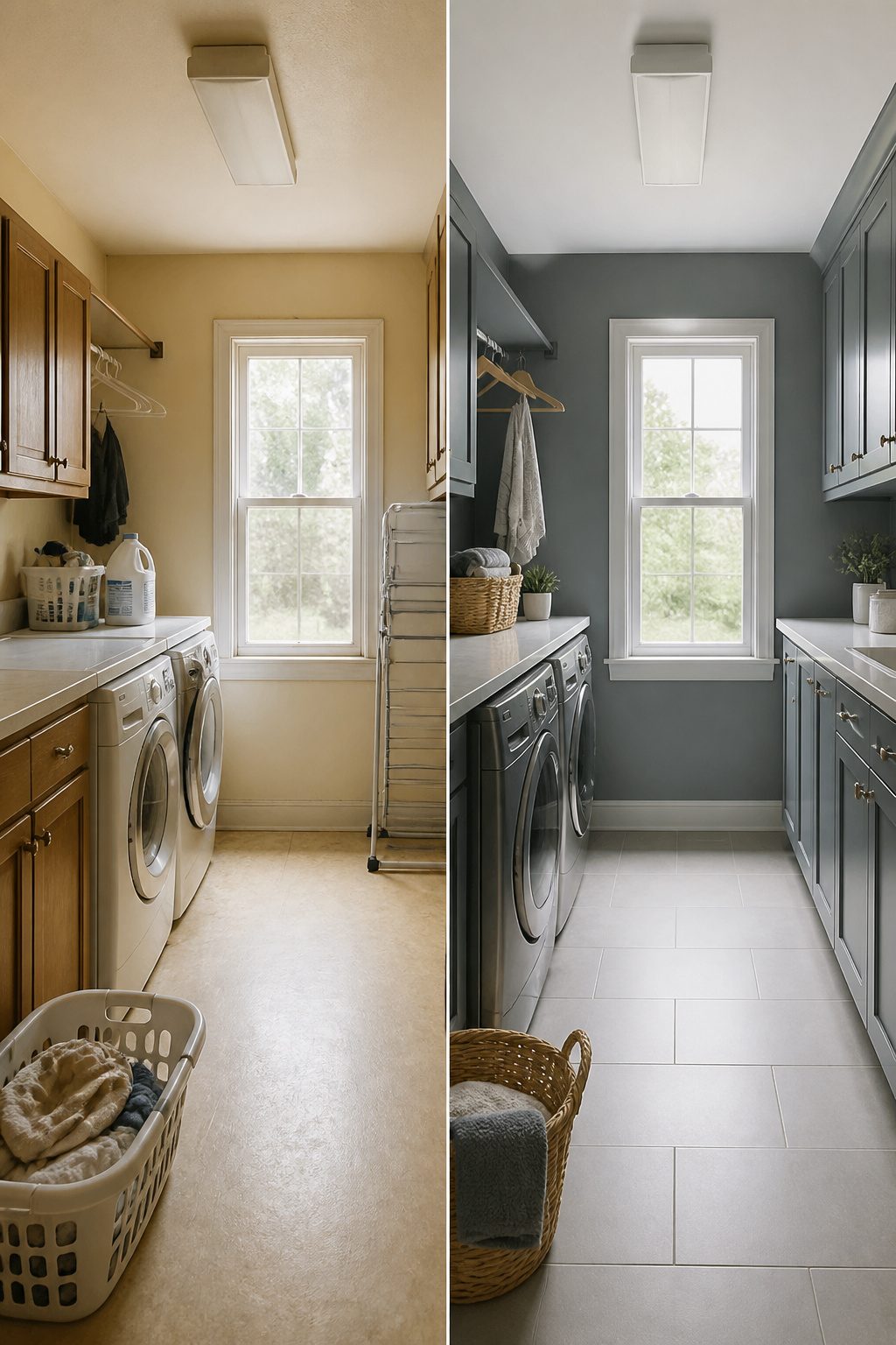 Laundry room with walls and cabinets painted in a single color.