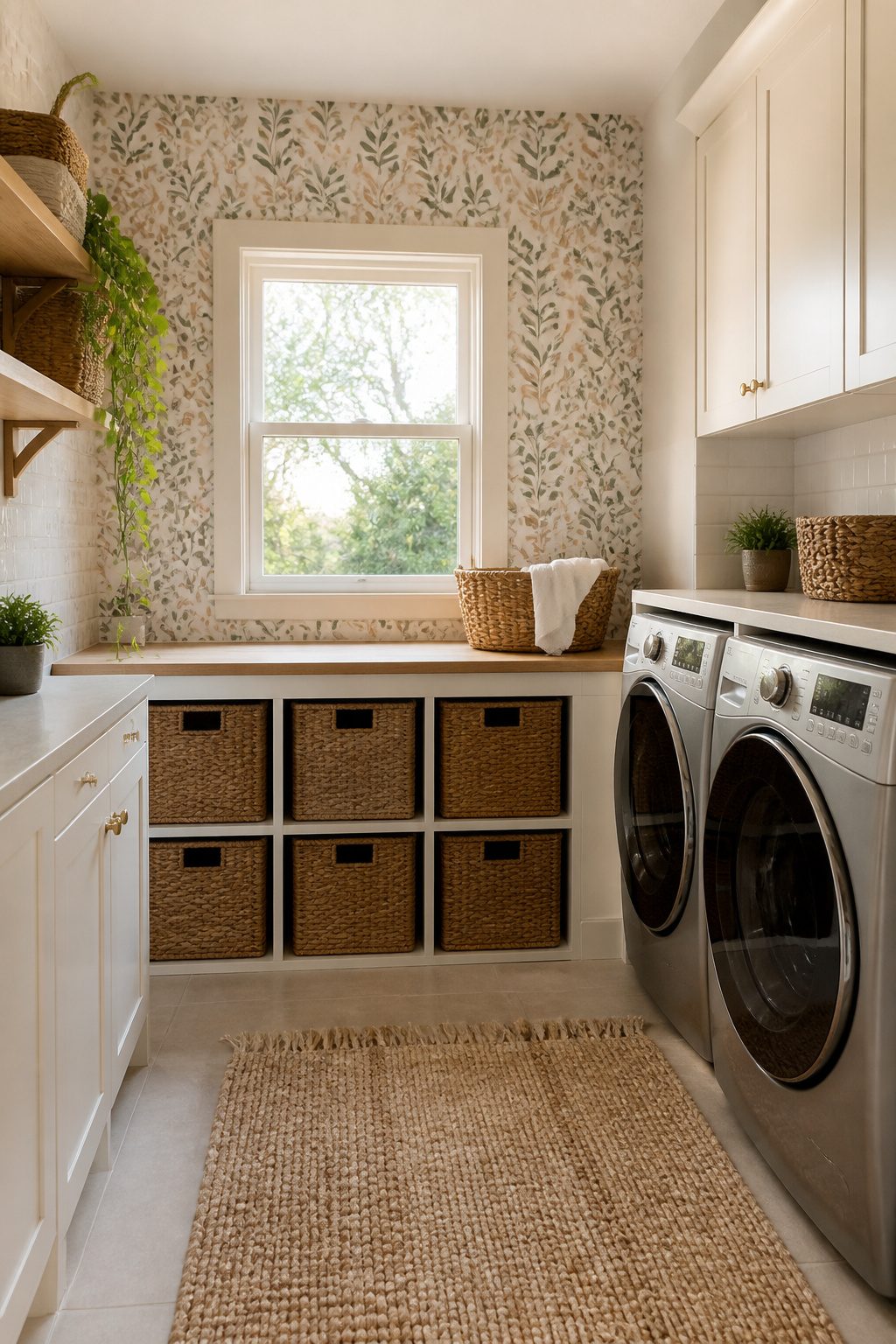 Laundry room wall covered with soft leaf-patterned peel-and-stick wallpaper.