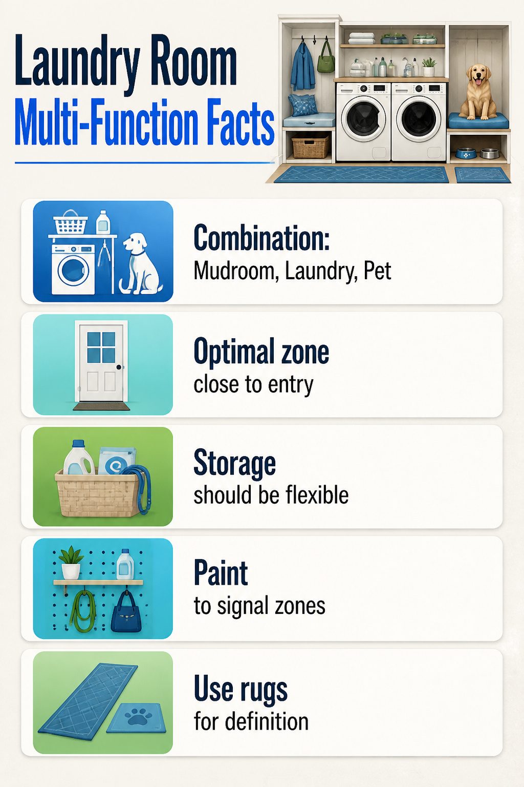Laundry room serving multiple purposes including mudroom and pet station.