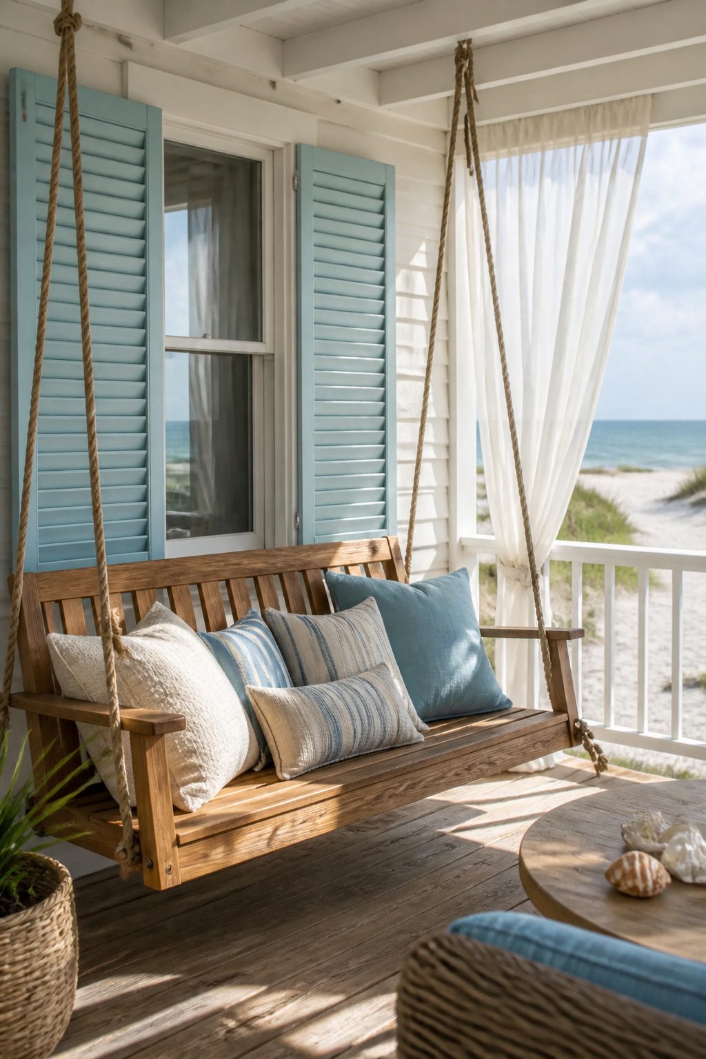 Pretty Porches: Designs and Details for Outdoor Living 8 A porch swing hanging on a beach house porch.