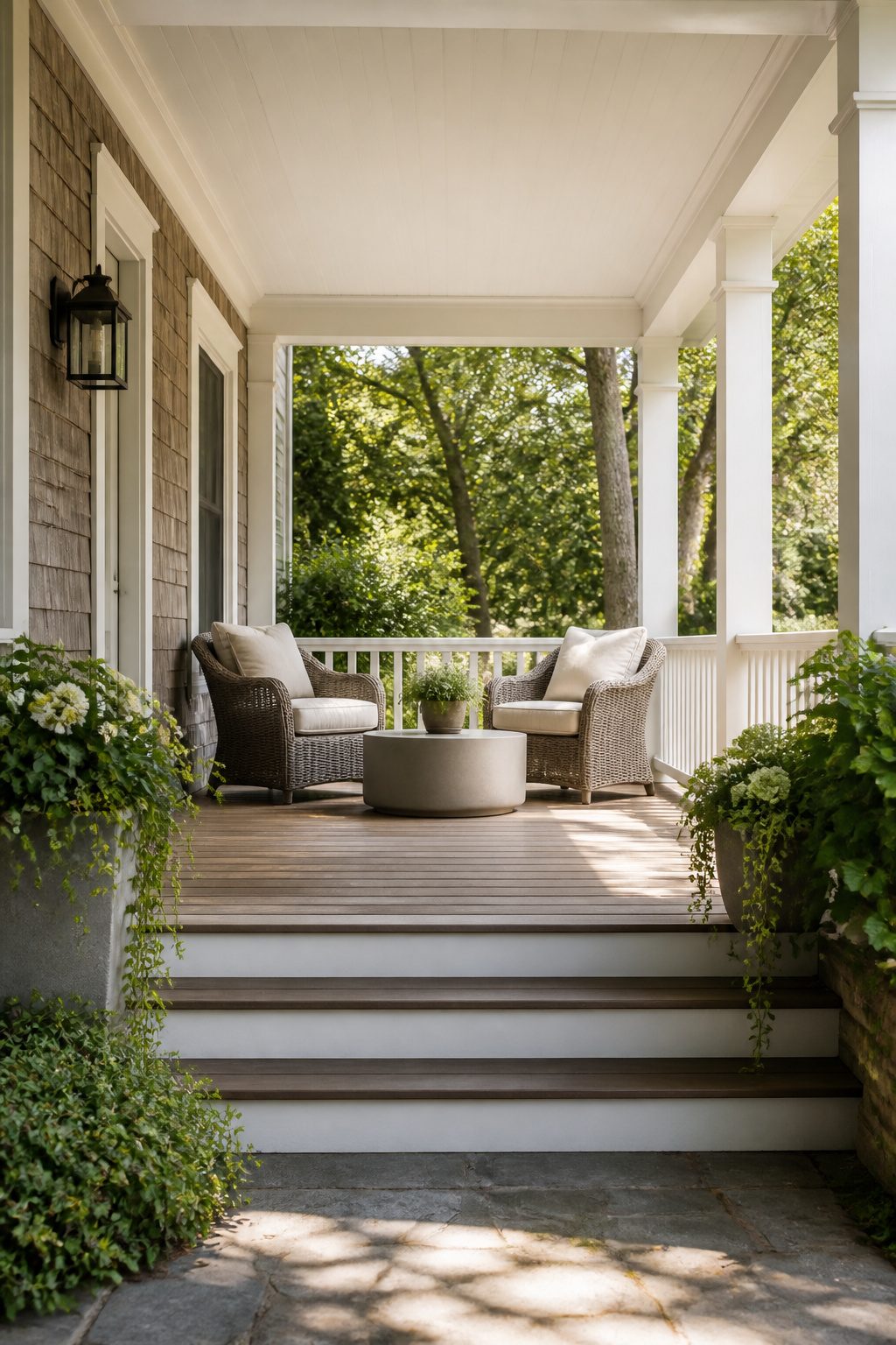 Pretty Porches: Designs and Details for Outdoor Living 1 Wicker chairs and a table on a porch.