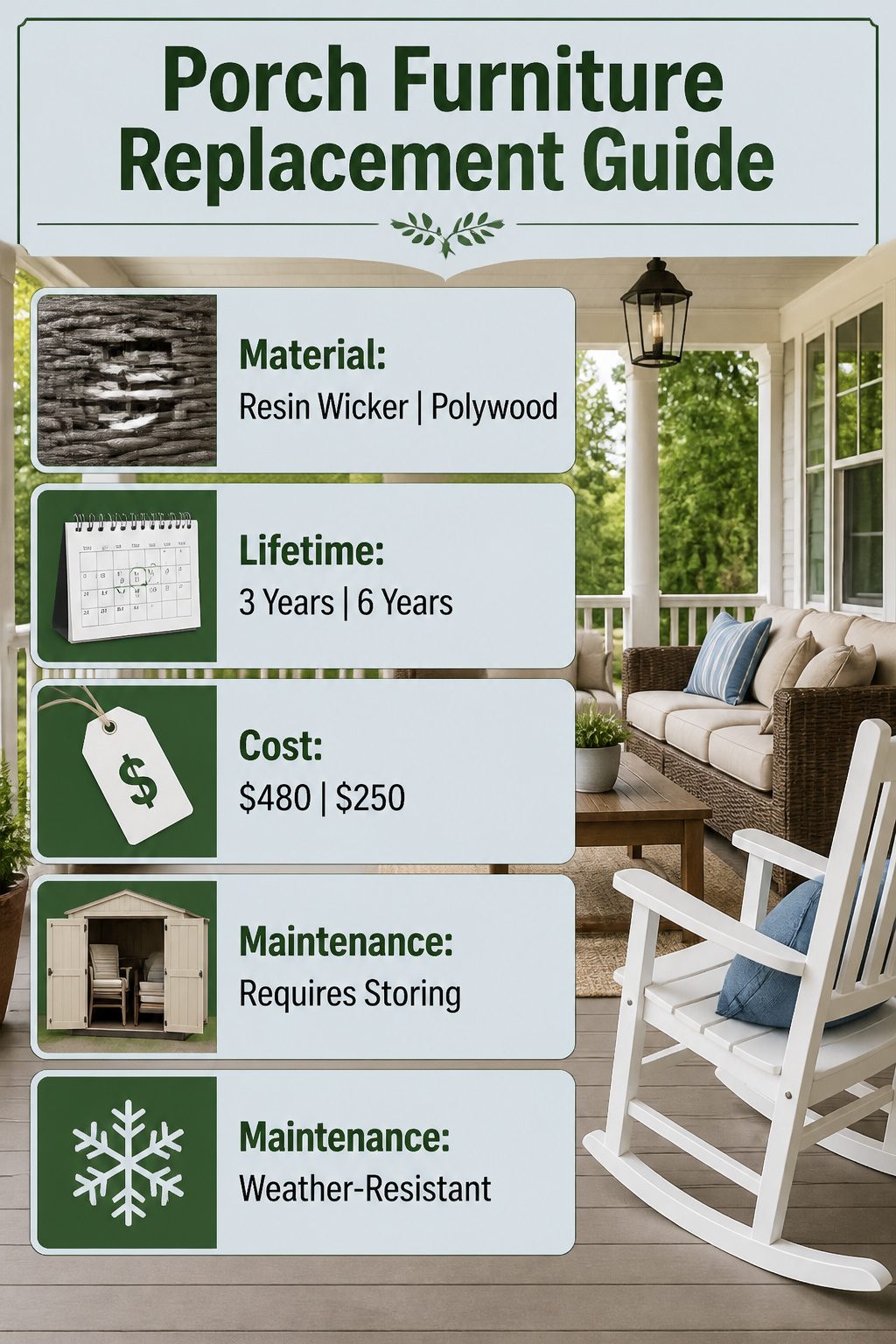 Pretty Porches: Designs and Details for Outdoor Living 12 A guide showing different types of porch furniture.