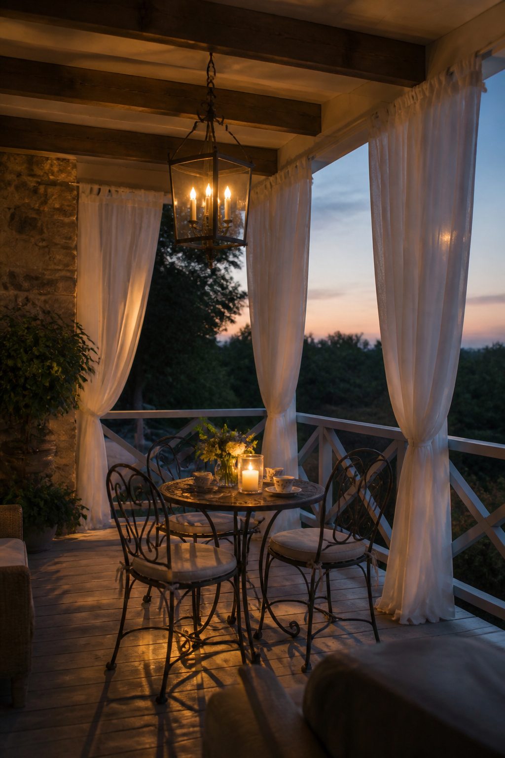 Pretty Porches: Designs and Details for Outdoor Living 3 A porch with sheer curtains and an elegant light fixture.