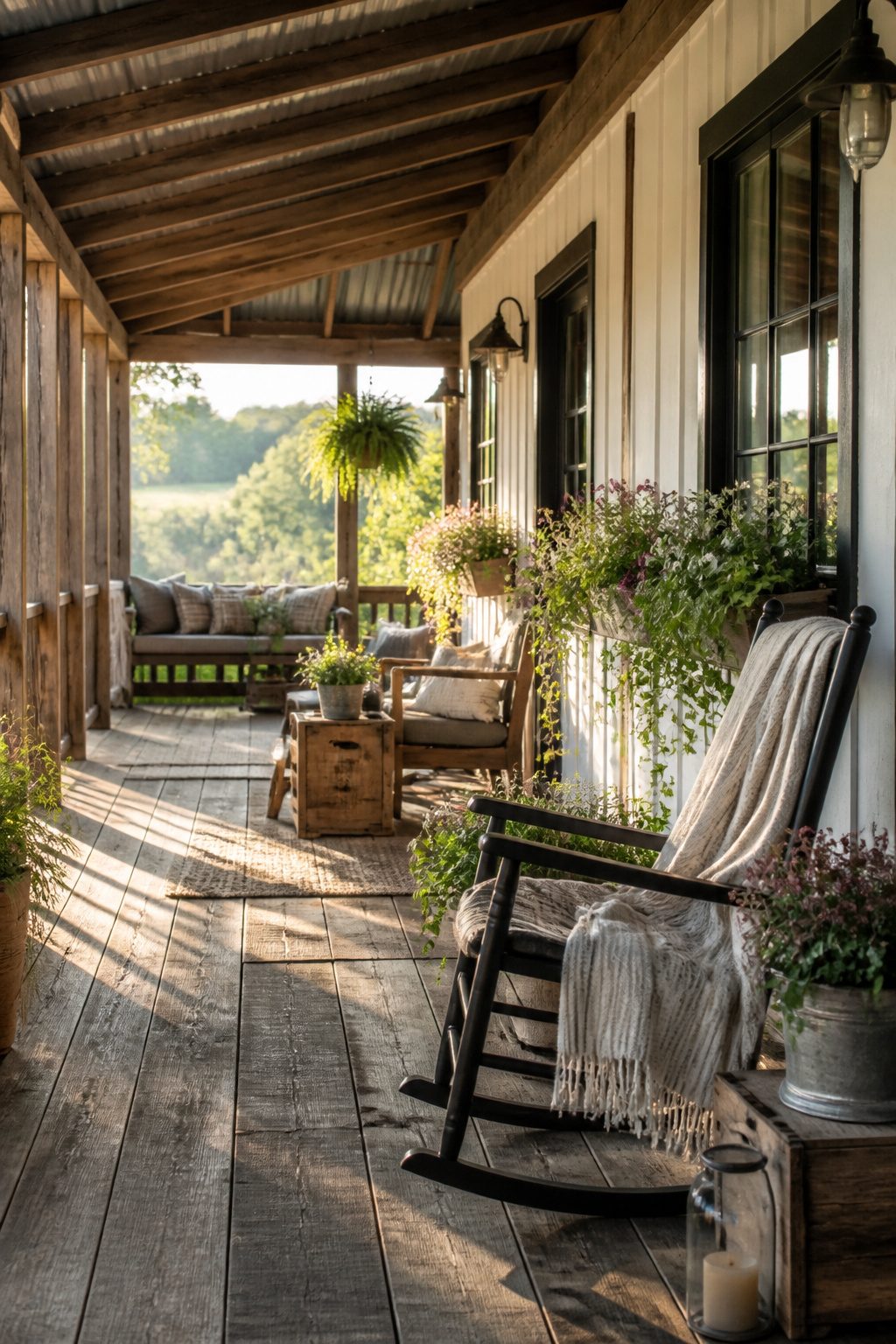Pretty Porches: Designs and Details for Outdoor Living 9 A rustic farmhouse porch with reclaimed wood beams.