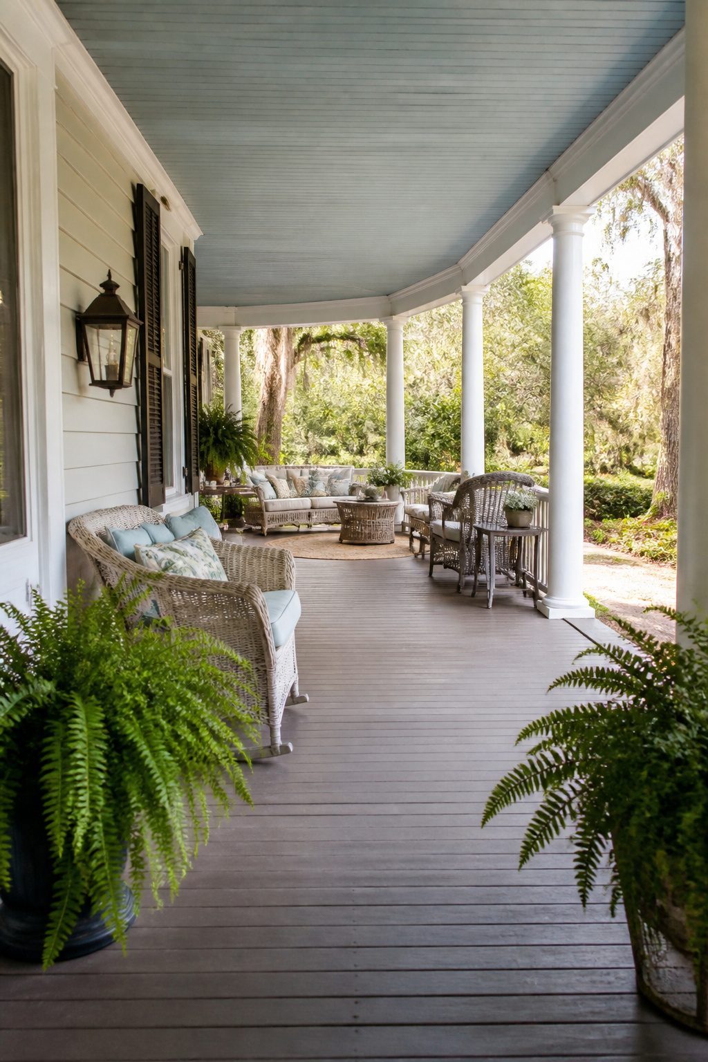 Pretty Porches: Designs and Details for Outdoor Living 6 A wraparound porch with wicker furniture and a textured ceiling.