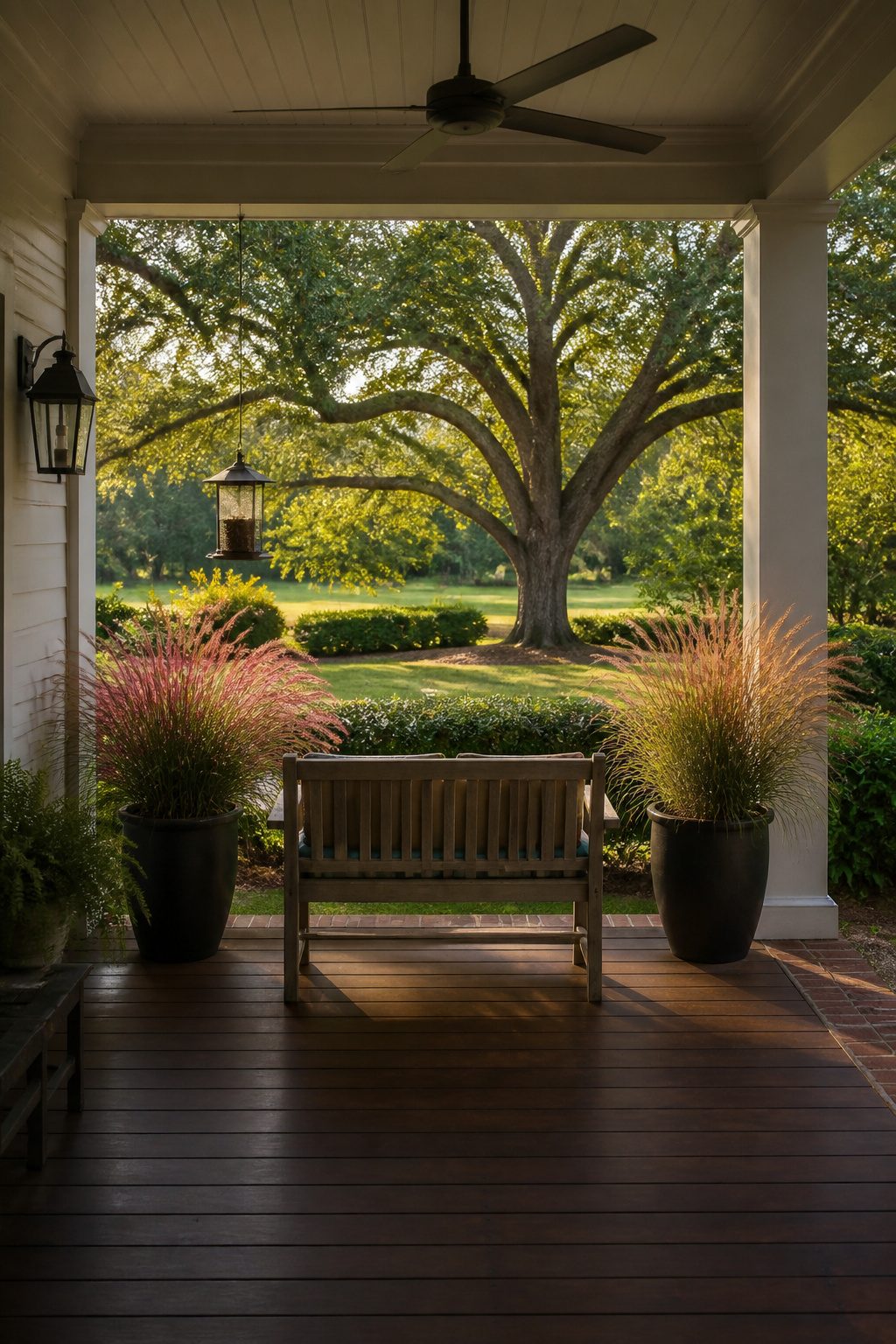 Pretty Porches: Designs and Details for Outdoor Living 5 A bench and ornamental grass on a porch.