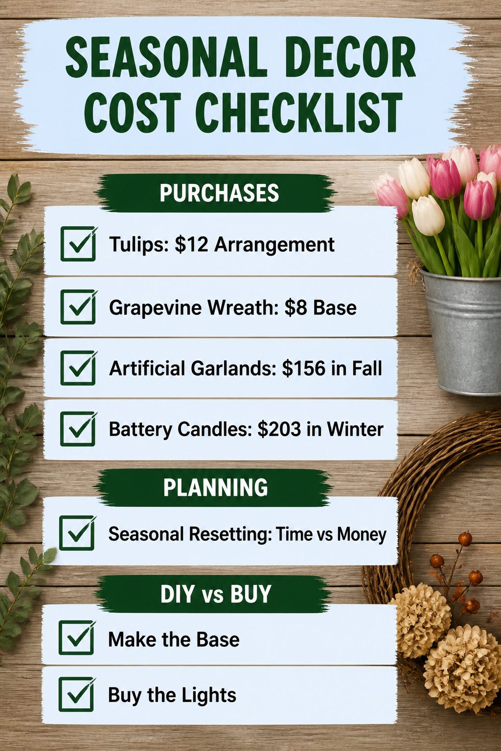 Pretty Porches: Designs and Details for Outdoor Living 13 A checklist detailing costs for seasonal porch decor.