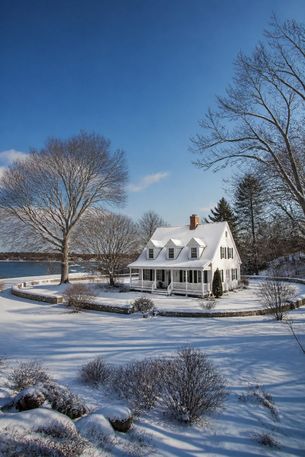 Cape Cod house with a steep roof and central chimney.