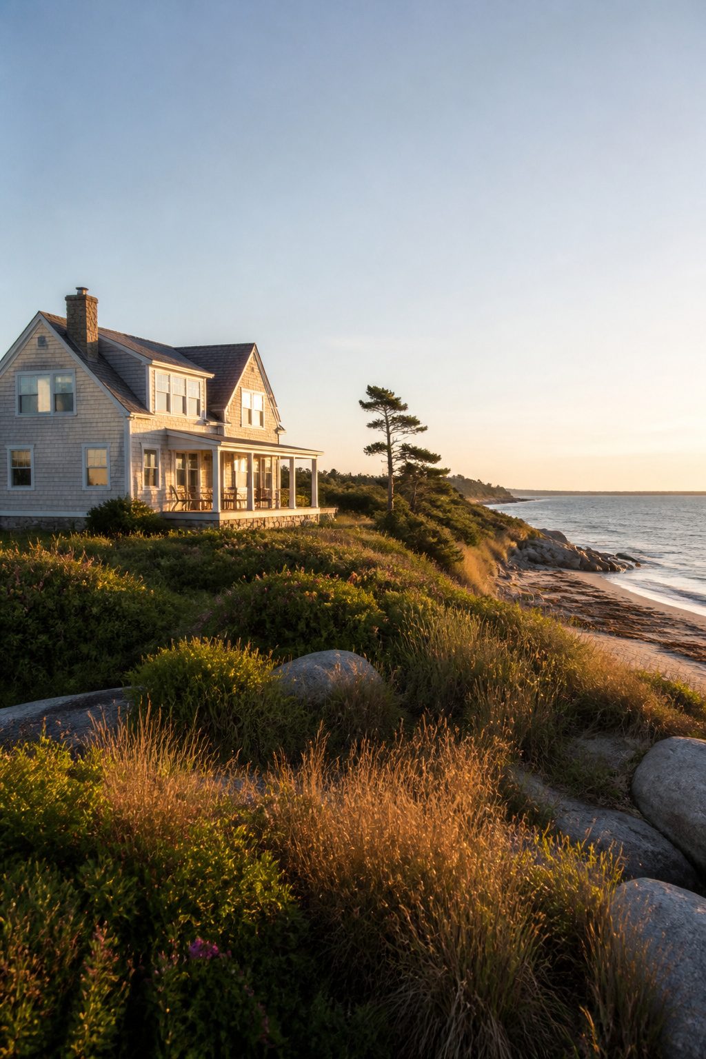 Coastal house featuring white shingle siding along the shoreline.
