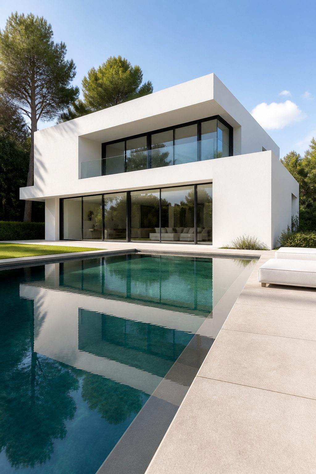 Modern minimalist house featuring flat roofs and large glass windows.