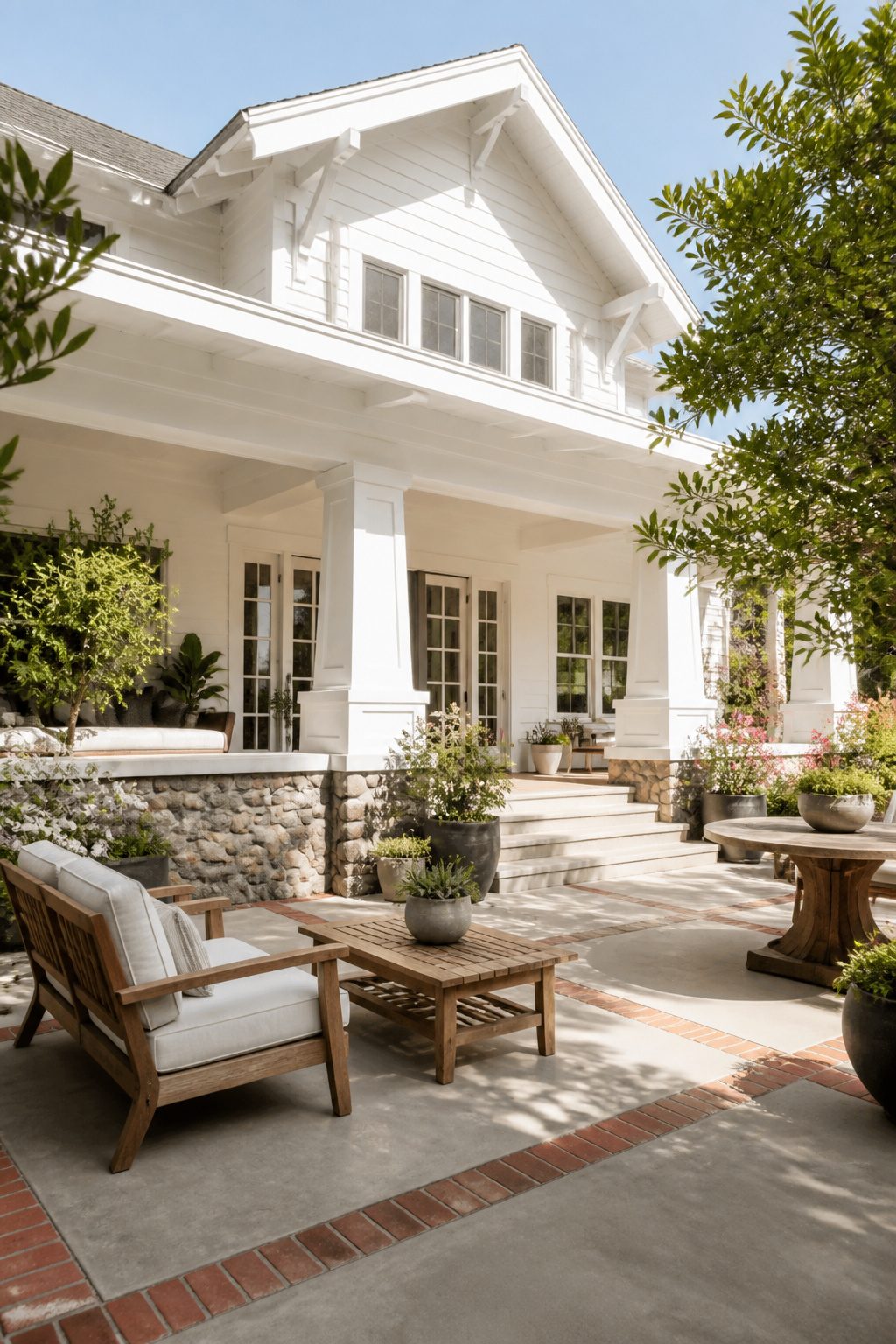 Craftsman house with tapered columns and stone foundation.