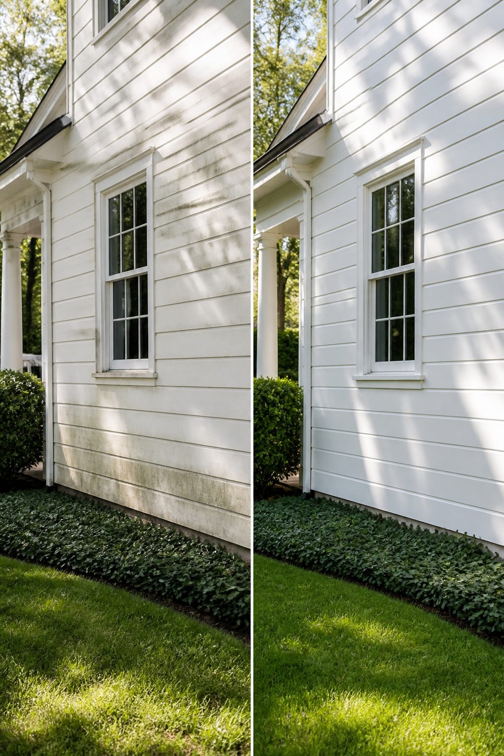 Dirt stains visible on the bottom clapboard of a white house.