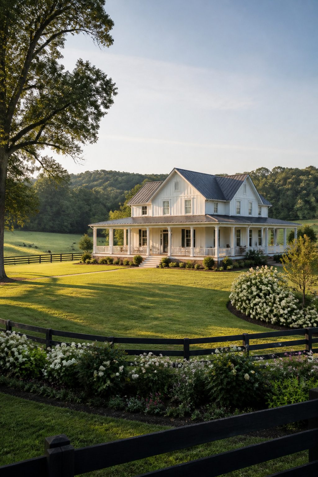 Farmhouse featuring vertical siding and a spacious veranda.