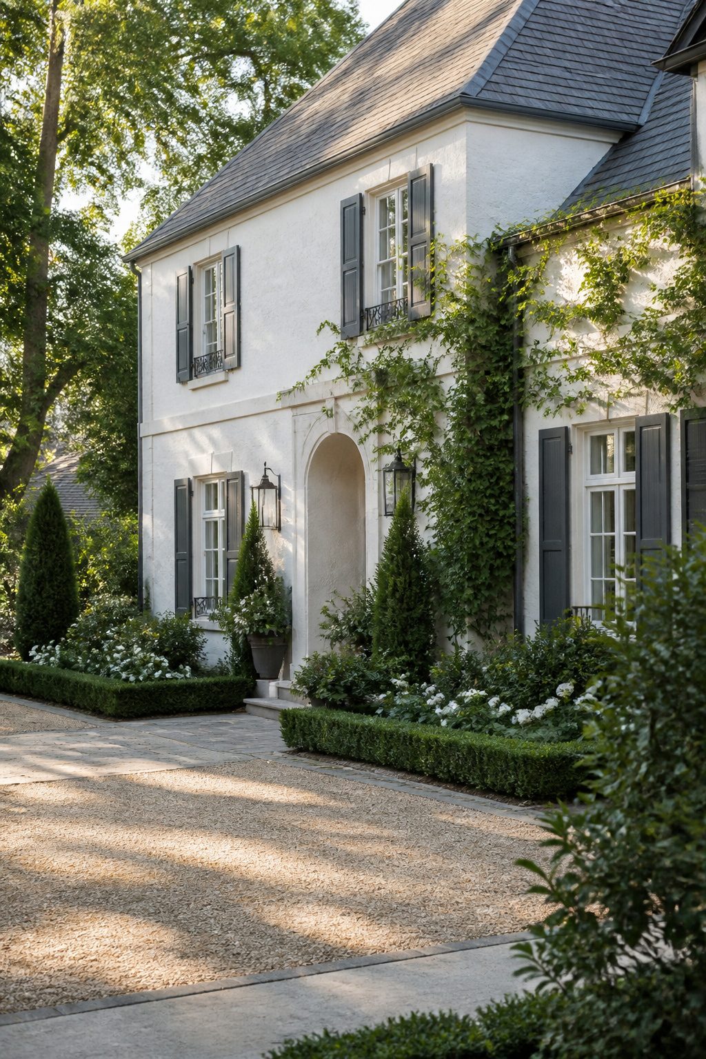 French-style home with stucco walls and deep blue-gray shutters.