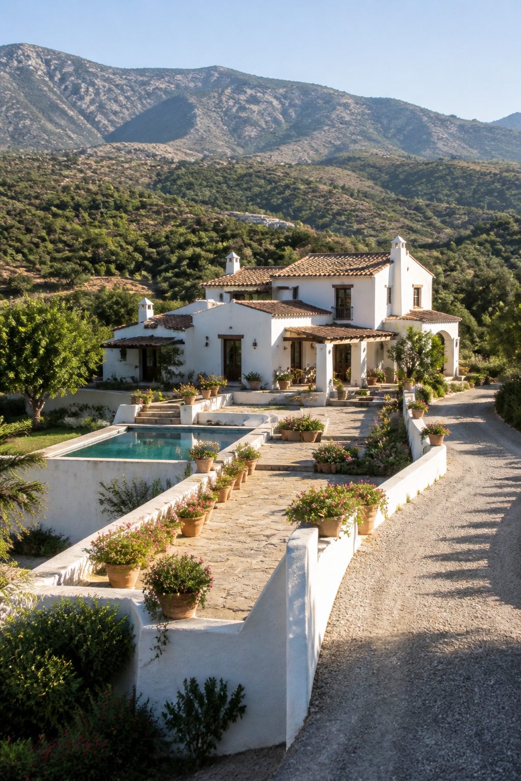 Mediterranean-style house with stucco and clay tile roof.