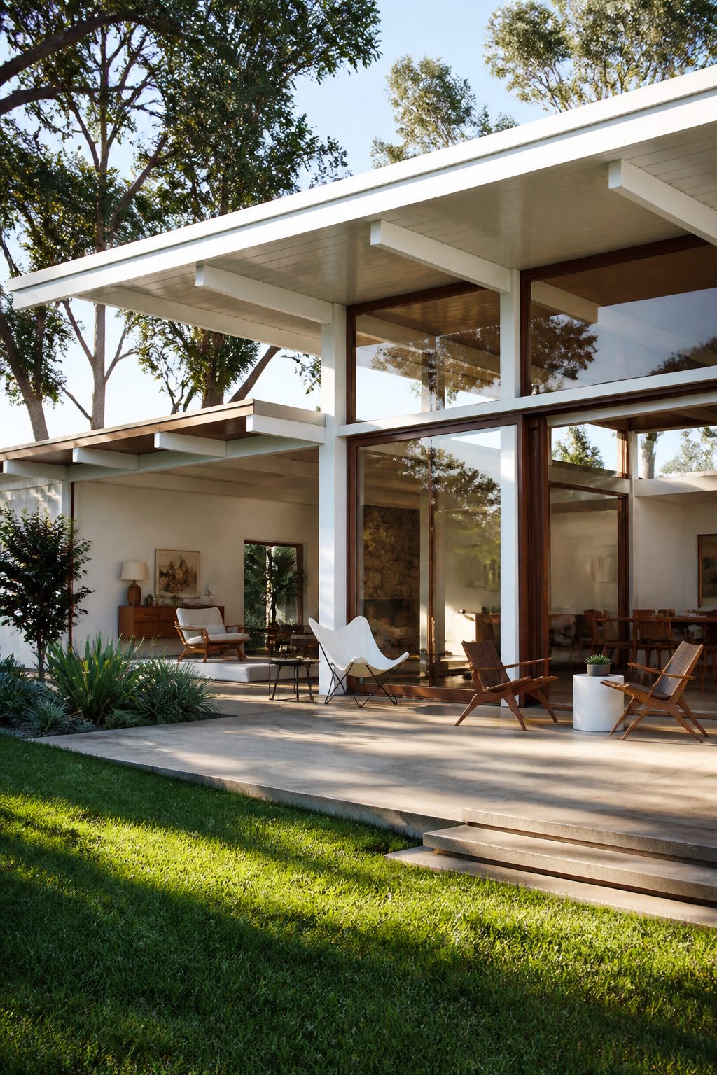 Mid-century modern house with white exterior and teak framing.