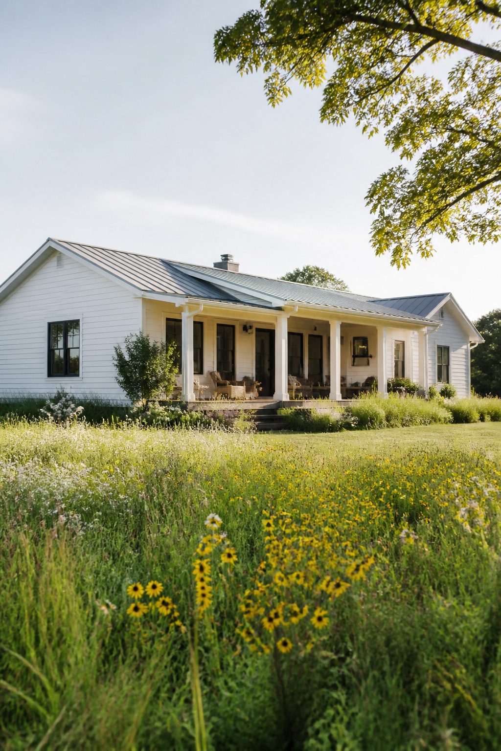 Ranch house featuring white clapboard and a wide front porch.