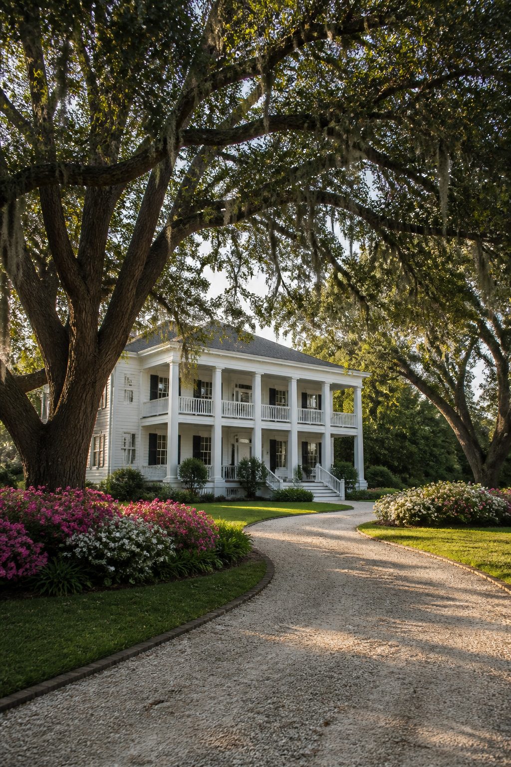 Southern Colonial home with white clapboard and large porch.