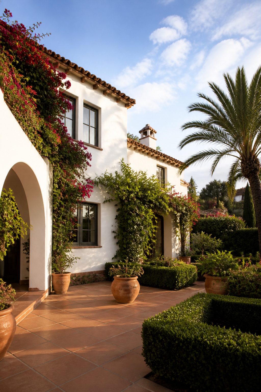 Villa with white stucco and patterned terracotta roof tiles.